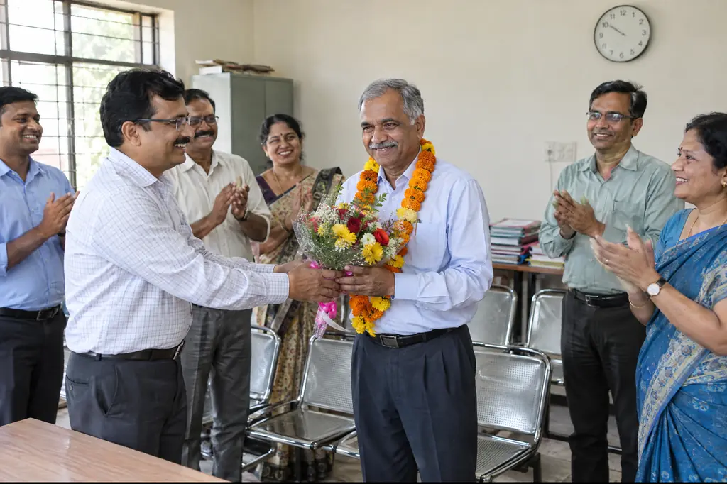 A retiring employee in a marigold garland receives flowers from colleagues
